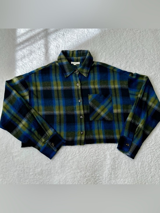 Mimosa Tops - Mimosa Plaid Cropped Flannel Shirt NWT • Blue Green Oversized Button Down • Sz M